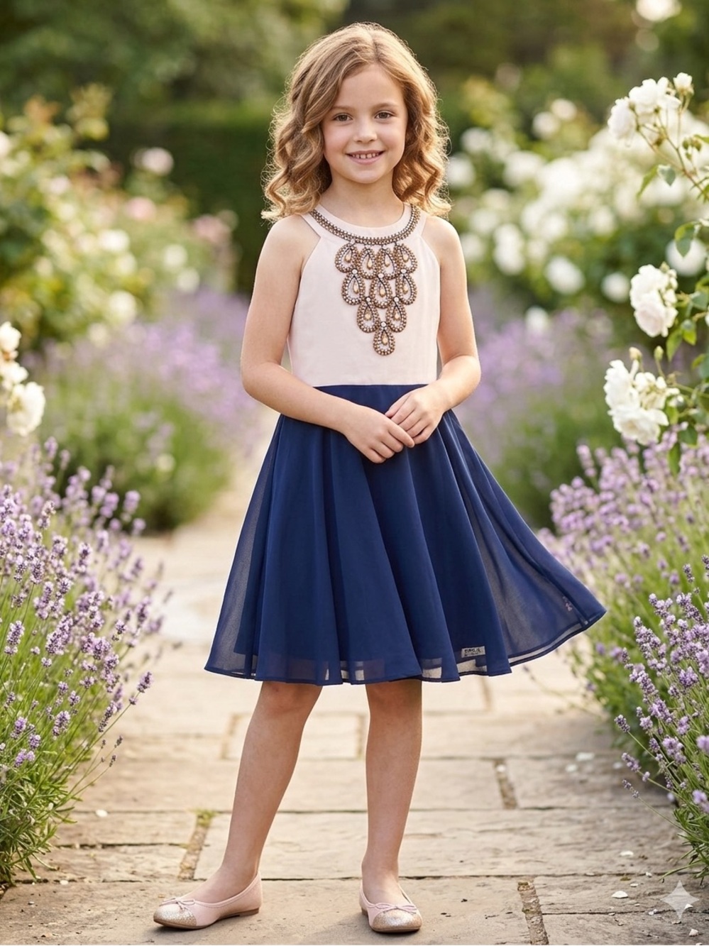 Pippa & Julie Pale Pink Bodice with Navy Twirl Skirt Jewel-Trim Dress